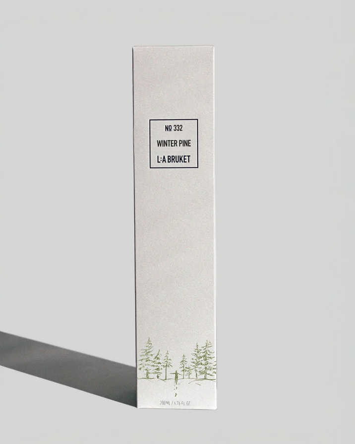 L:A Bruket No. 332 Winter Pine – white box 200ml, green pine tree illustration, gray background – body care