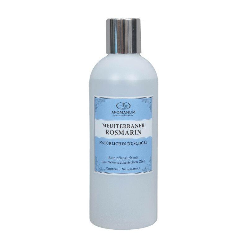 Apomanum Mediterraner Rosmarin Duschgel – durchsichtige Flasche mit silbernem Deckel, blauem Etikett, weißem Hintergrund – Körperpflege