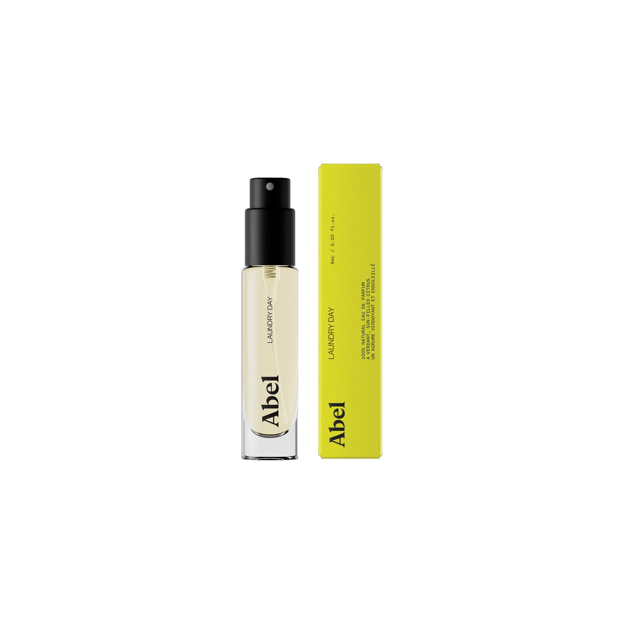 Abel Laundry Day Eau de Parfum – klares Glasfläschchen 6ml, schwarzer Sprühkopf, gelbe Verpackung, weißer Hintergrund – Parfüm