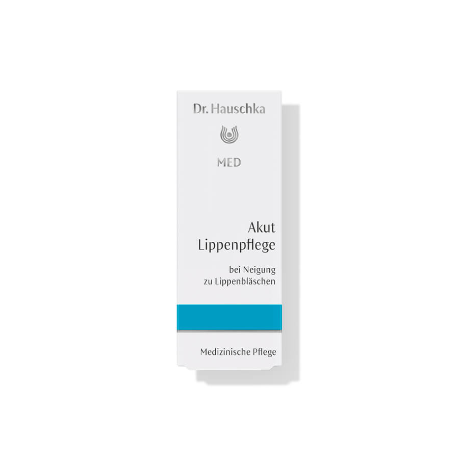 Dr. Hauschka MED Akut Lippenpflege – weiße Tube mit blauem Streifen, weißer Hintergrund – Lippenpflege
