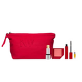 Kw Icons Set – rote Kosmetiktasche mit Make-up-Produkten, weißer Hintergrund – Make-up