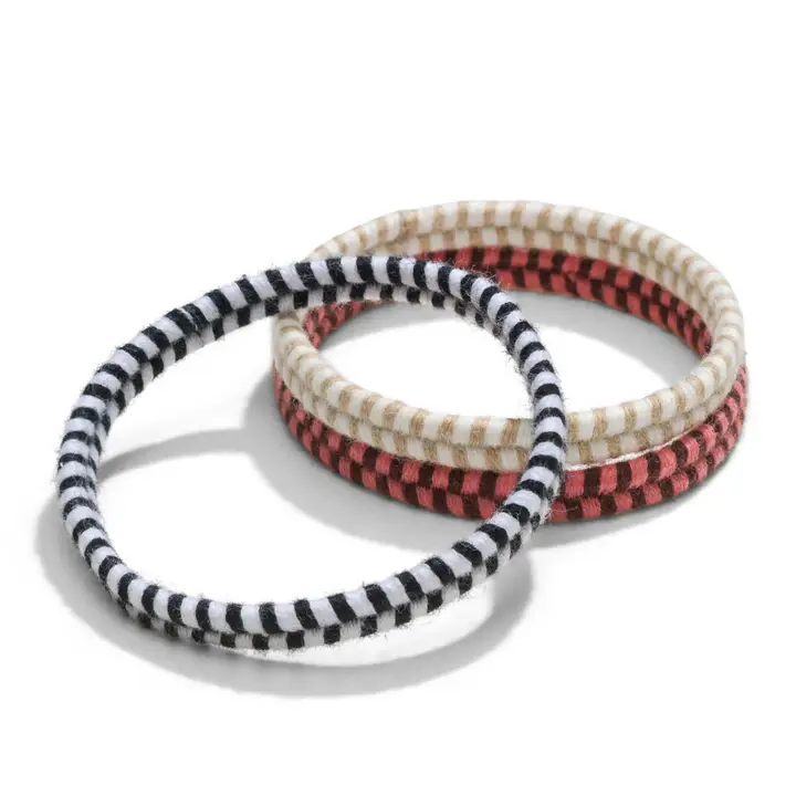 Plastic Free Bracelet Hair Ties Wanderlust – striped black-white, red-black, beige-white on white background – hair care