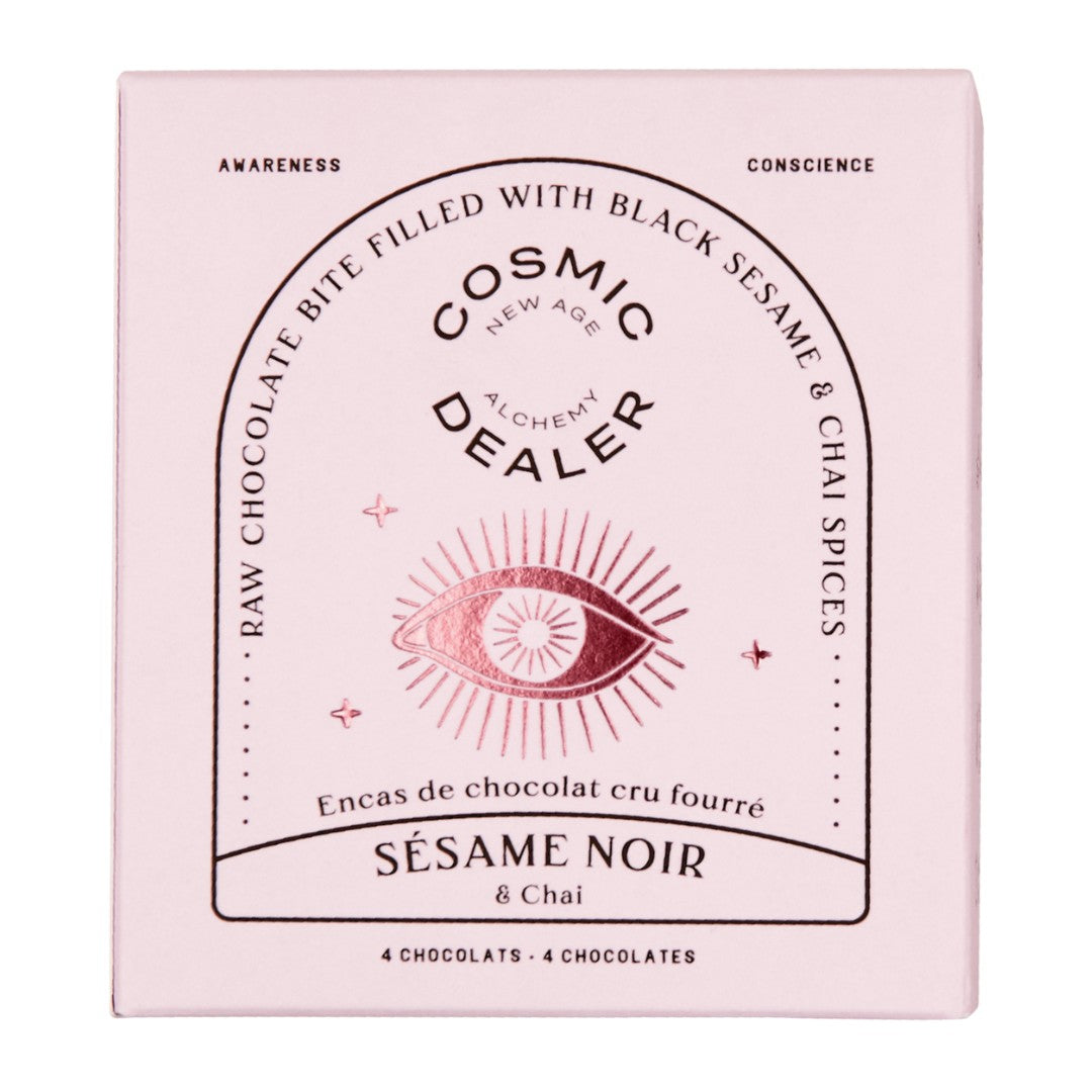 Cosmic Alchemy Dealer Schokoladenbox – rosa Verpackung mit 4 Stücken, schwarzer Schriftzug, weißem Hintergrund – Gesundheit
