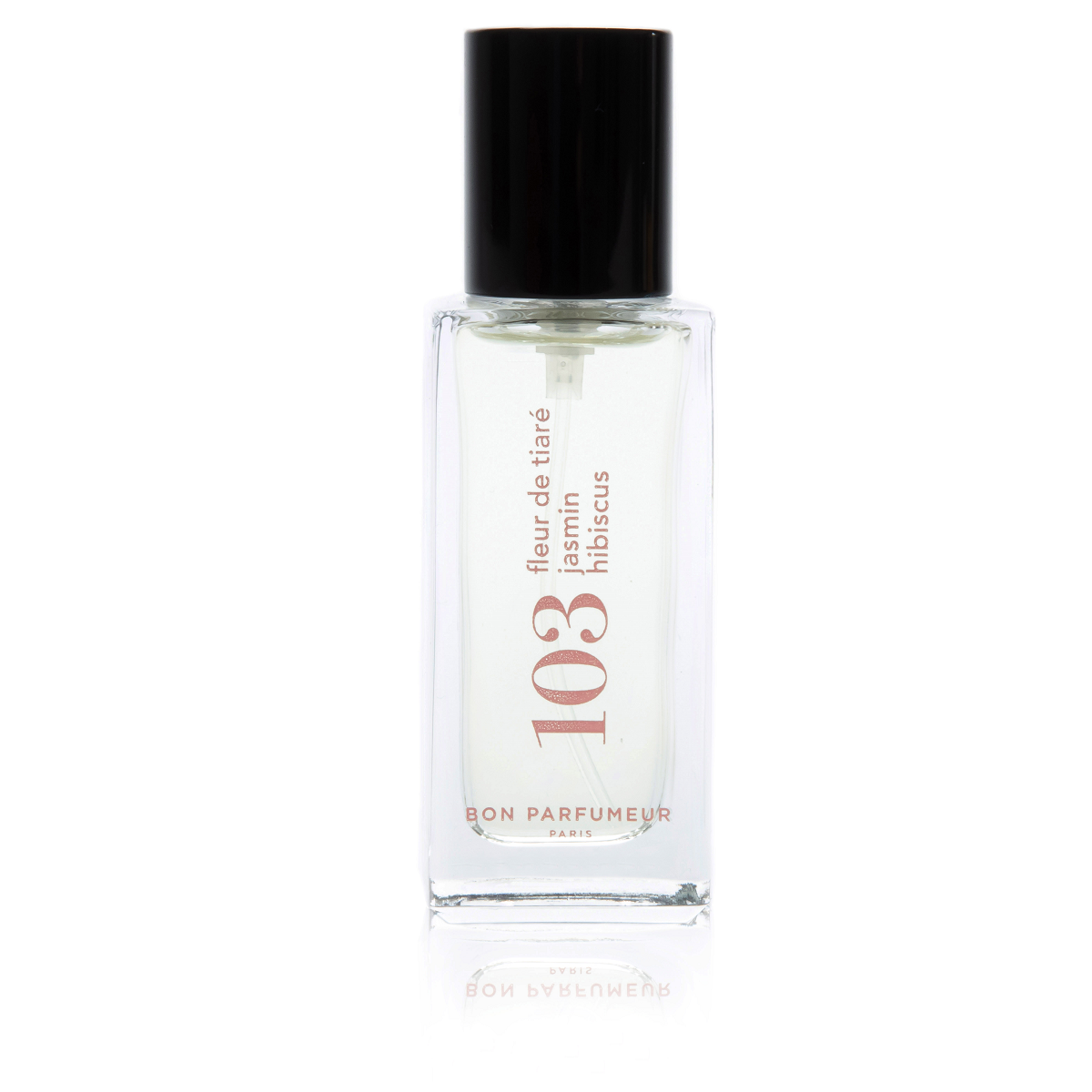 Bon Parfumeur 103 Tiaré – clear glass bottle with black spray nozzle, white background – perfume