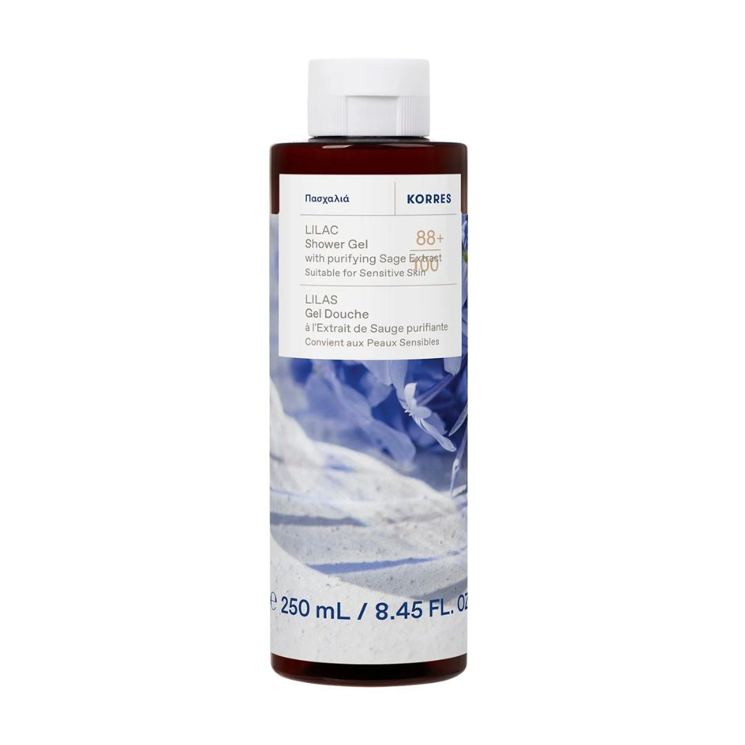 KORRES Lilac Shower Gel – braune Flasche 250ml, weißer Deckel, weißer Hintergrund – Duschgel für empfindliche Haut