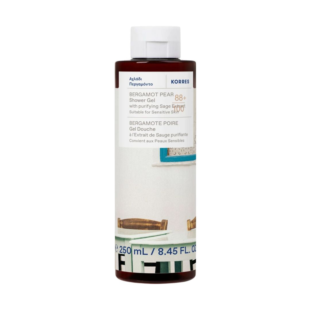 KORRES Bergamot Pear Duschgel – braune Flasche 250ml, weißer Deckel, weißer Hintergrund – Körperpflege