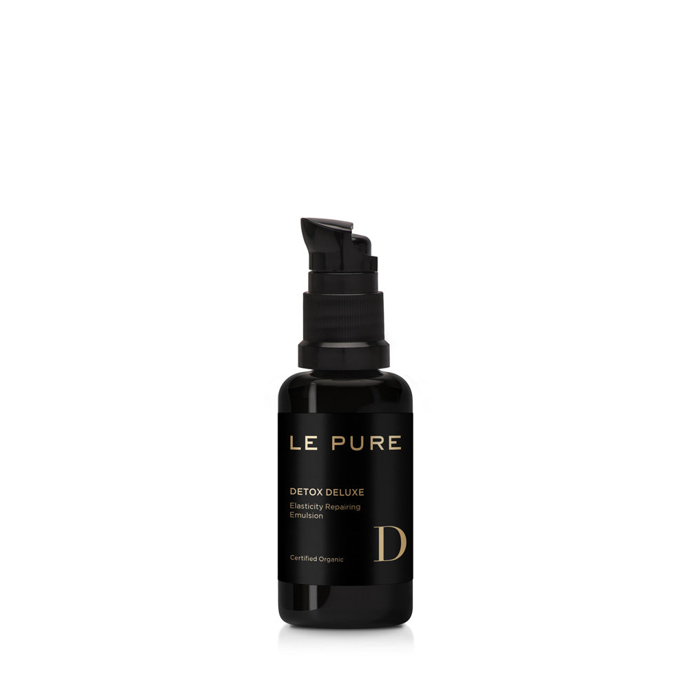 LE PURE Detox Deluxe – schwarze Flasche 30ml mit Pumpverschluss, weißer Hintergrund – Hautpflege