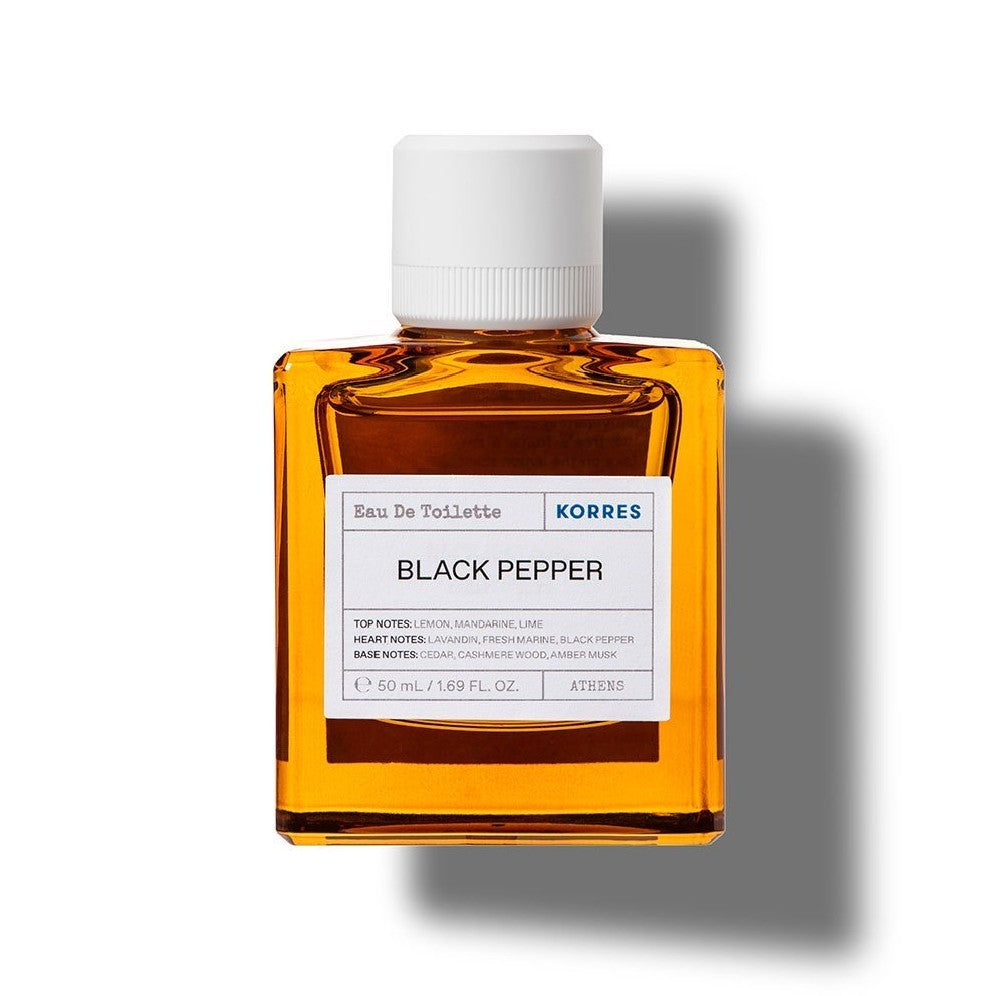 KORRES Black Pepper Eau de Toilette – bernsteinfarbene Glasflasche 50ml, weißer Schraubdeckel, weißer Hintergrund – Parfüm