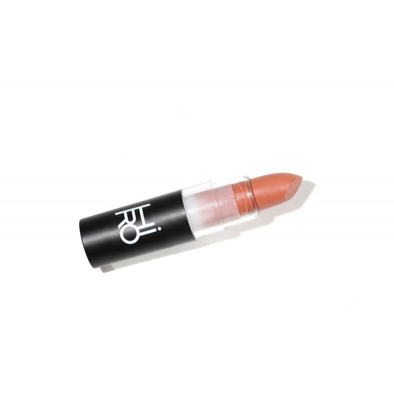 Pssst Lippenstift – schwarzer Tube, transparenter Deckel, nude Farbe, weißer Hintergrund – Make-up