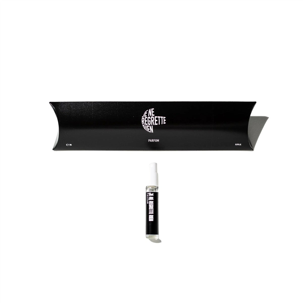 Je Ne Regrette Rien Parfum – black spray bottle 2ml, white cap, black packaging on white background – perfume