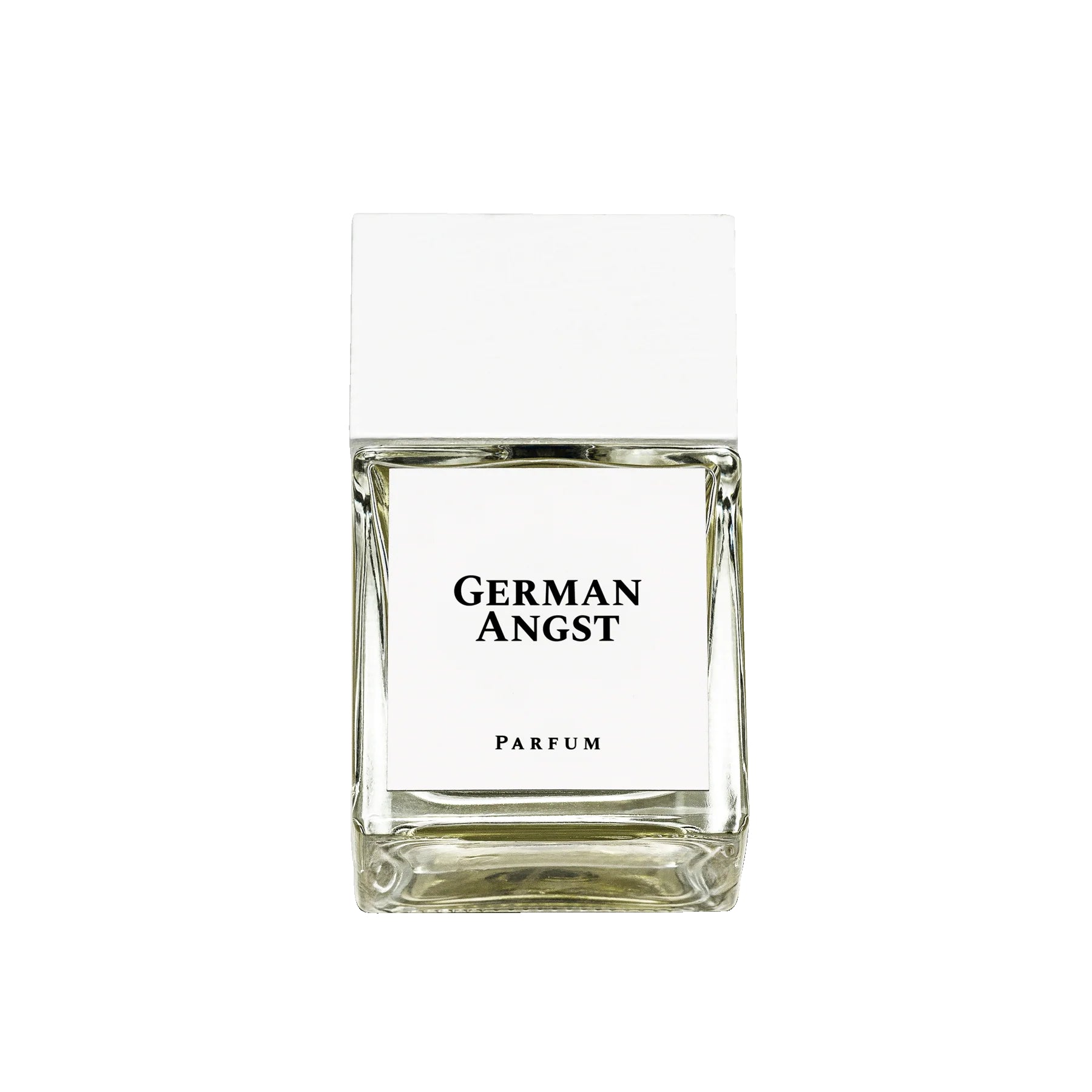 German Angst Parfum – klares Glasflakon 50ml, weißer Deckel, weißer Hintergrund – Parfüm