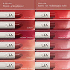 ILIA Balmy Tint Hydrating Lip Balm – weiße Tube, rosafarbener Stift, roter Hintergrund – Lippenpflege