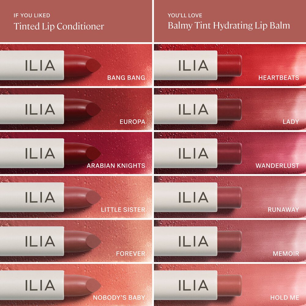ILIA Balmy Tint Hydrating Lip Balm – weiße Tube, rosafarbener Stift, roter Hintergrund – Lippenpflege