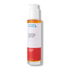 The Organic Pharmacy Advanced Bakuchiol Body Oil in a bottle with pump on white background, skin care