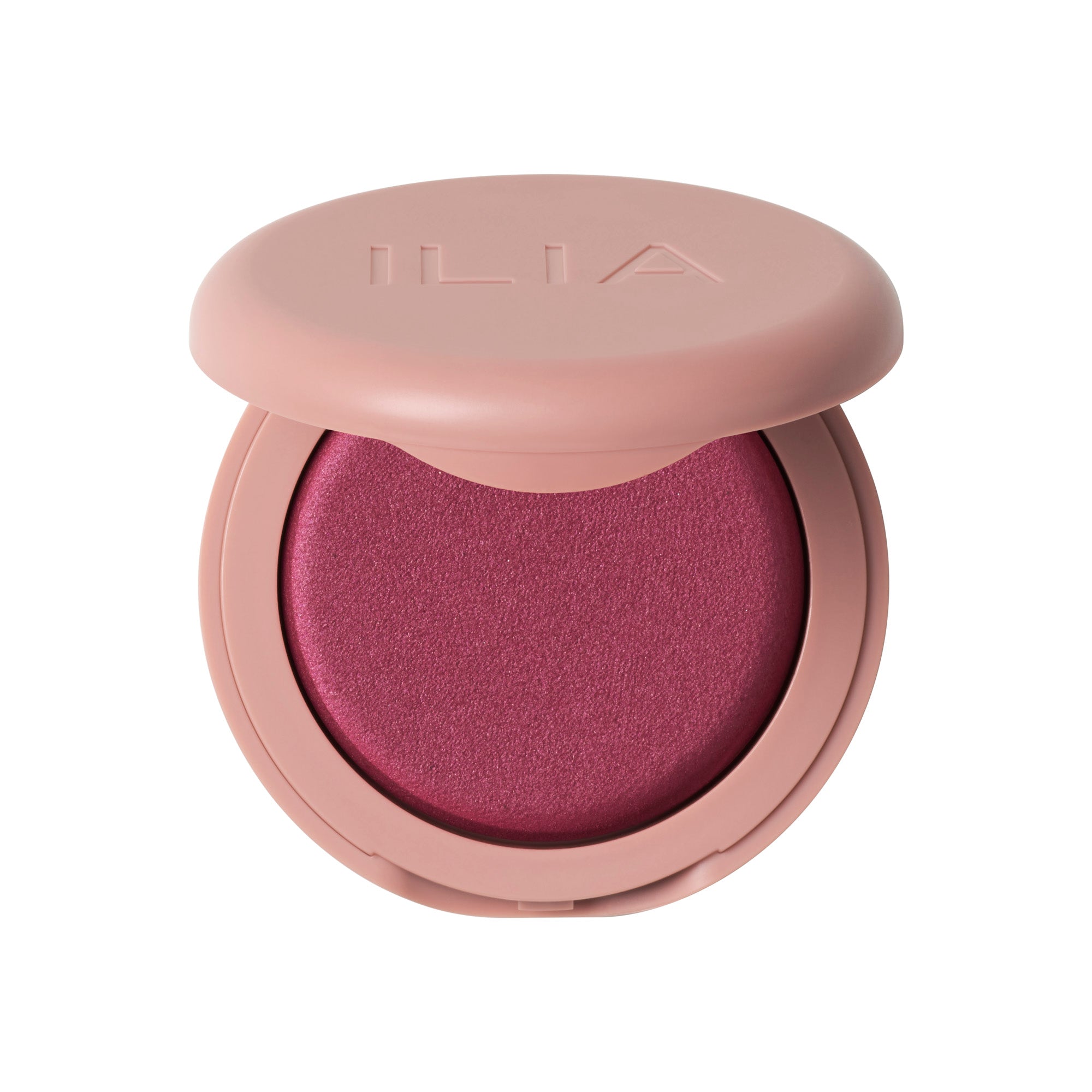 ILIA Soft Focus Blurring Blush in a pink jar with lid on a white background, makeup