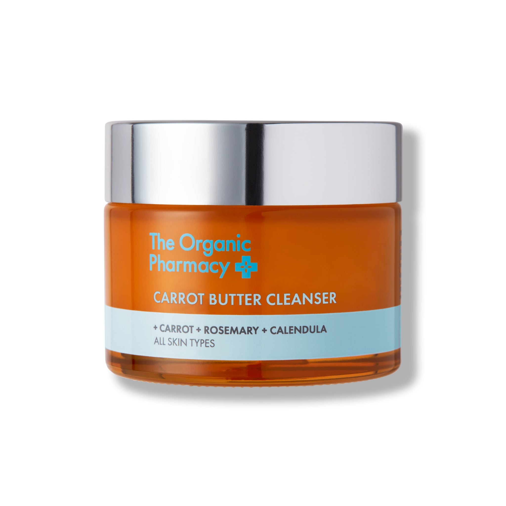 The Organic Pharmacy Carrot Butter Cleanser im Tiegel mit silbernem Deckel auf weißem Grund, Hautpflege
