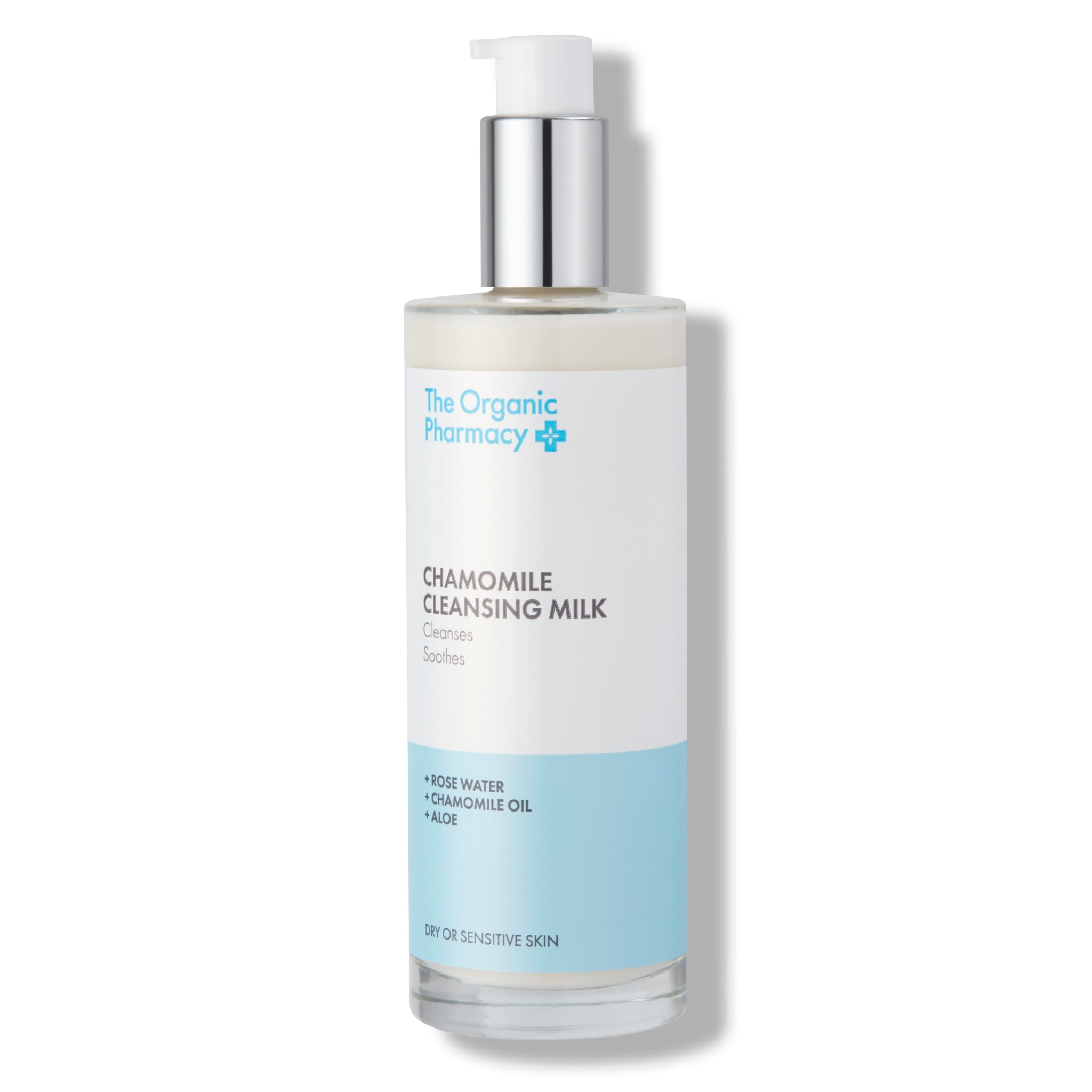 The Organic Pharmacy Chamomile Cleansing Milk in einer Flasche mit Pumpe auf weißem Hintergrund, Hautpflege