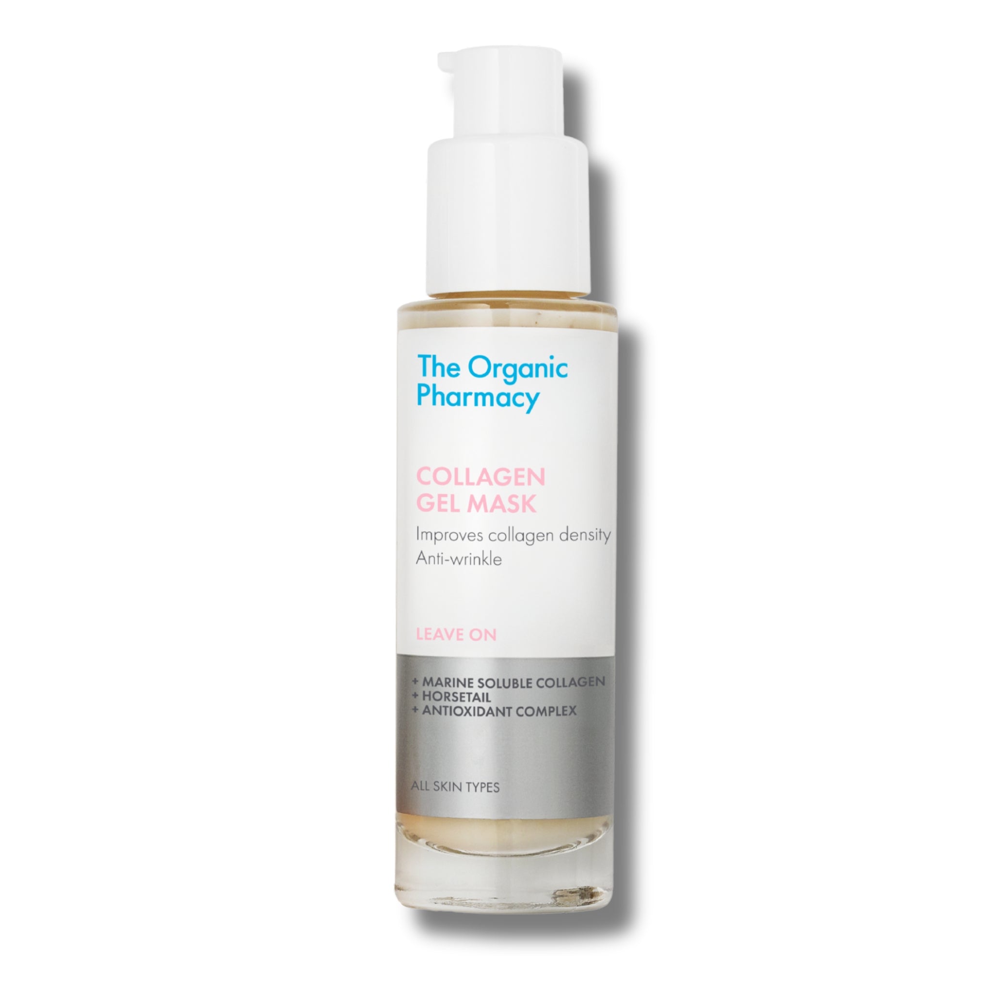 The Organic Pharmacy Collagen Gel Mask in einer Flasche mit Pumpe vor weißem Hintergrund, Hautpflege
