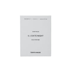 Tenth Muse 0.1 Date Night Solid Perfume, a white cardboard box against a white background.