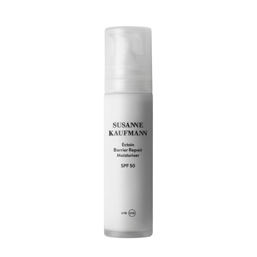 Susanne Kaufmann Ectoin Barrier Repair Moisturiser SPF 50 bottle with pump dispenser on white background, skin care