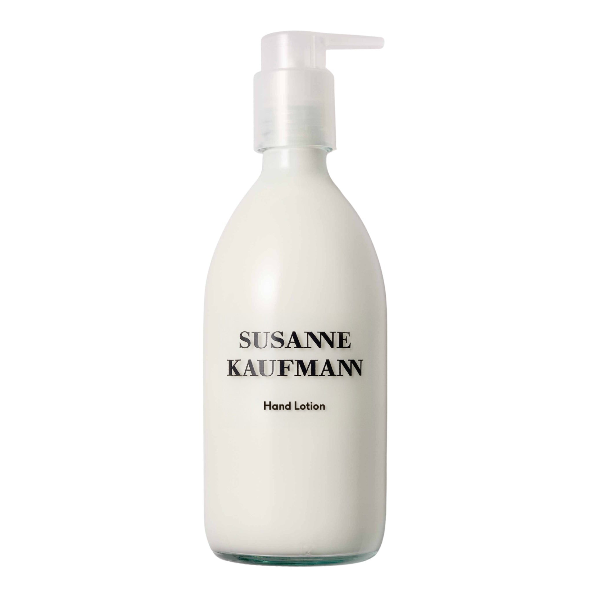 Susanne Kaufmann Hand Lotion Flasche mit weißem Pumpspender vor weißem Hintergrund, Hautpflege
