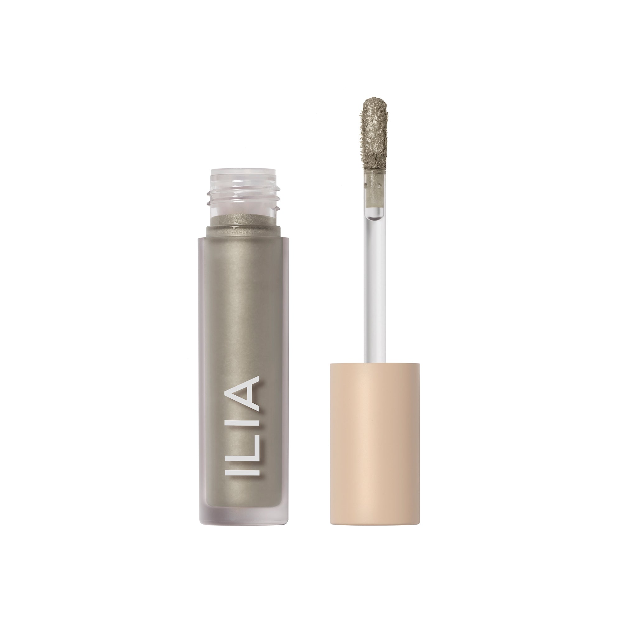 ILIA Liquid Powder Chromatic Eye Tint in grün/grau mit Applikator auf weißem Hintergrund, Augenmake-up