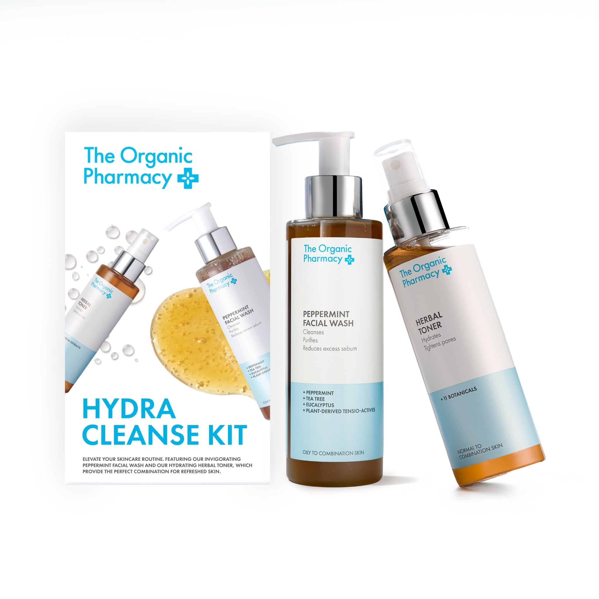 The Organic Pharmacy Hydra Cleanse Kit mit einer Flasche und Pumpspender vor weißem Hintergrund, Hautpflege.