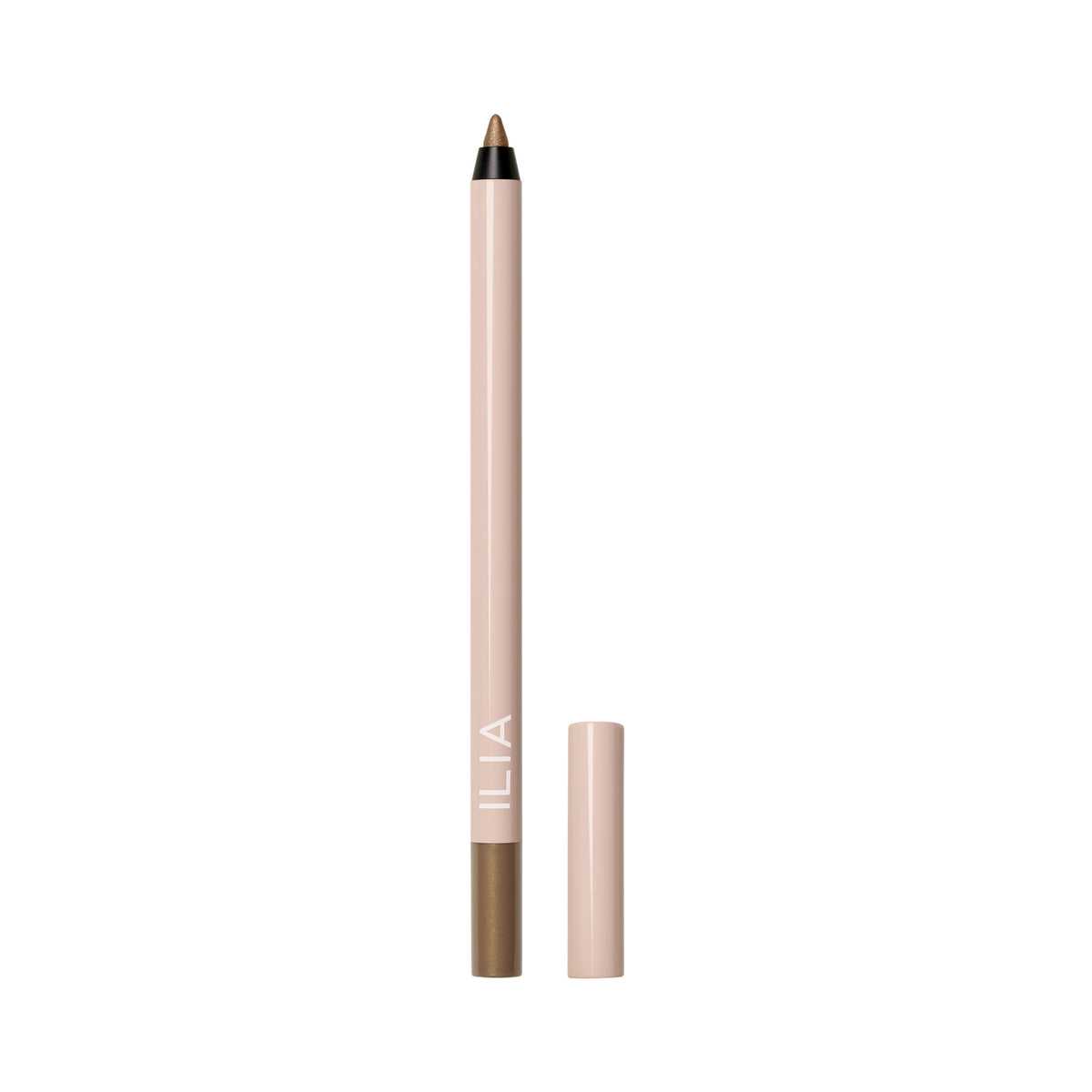 ILIA Thru Line Waterproof Eyeliner in beigefarbenem Stift mit passendem Verschluss vor weißem Hintergrund. Make-up.