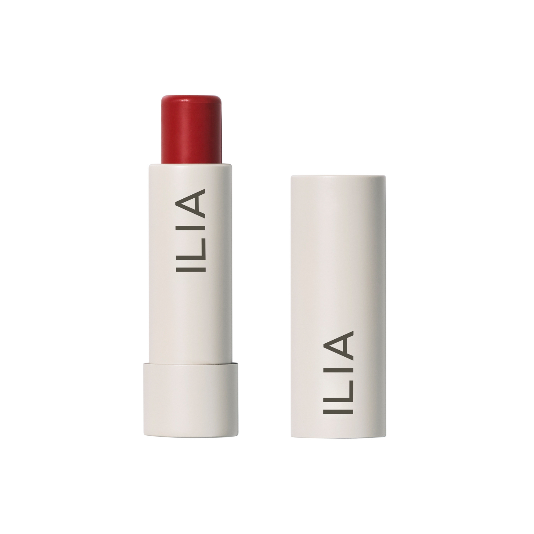 ILIA Balmy Tint Hydrating Lip Balm in weißer Tube mit rotem Lippenstift auf weißem Hintergrund, Lippenpflege