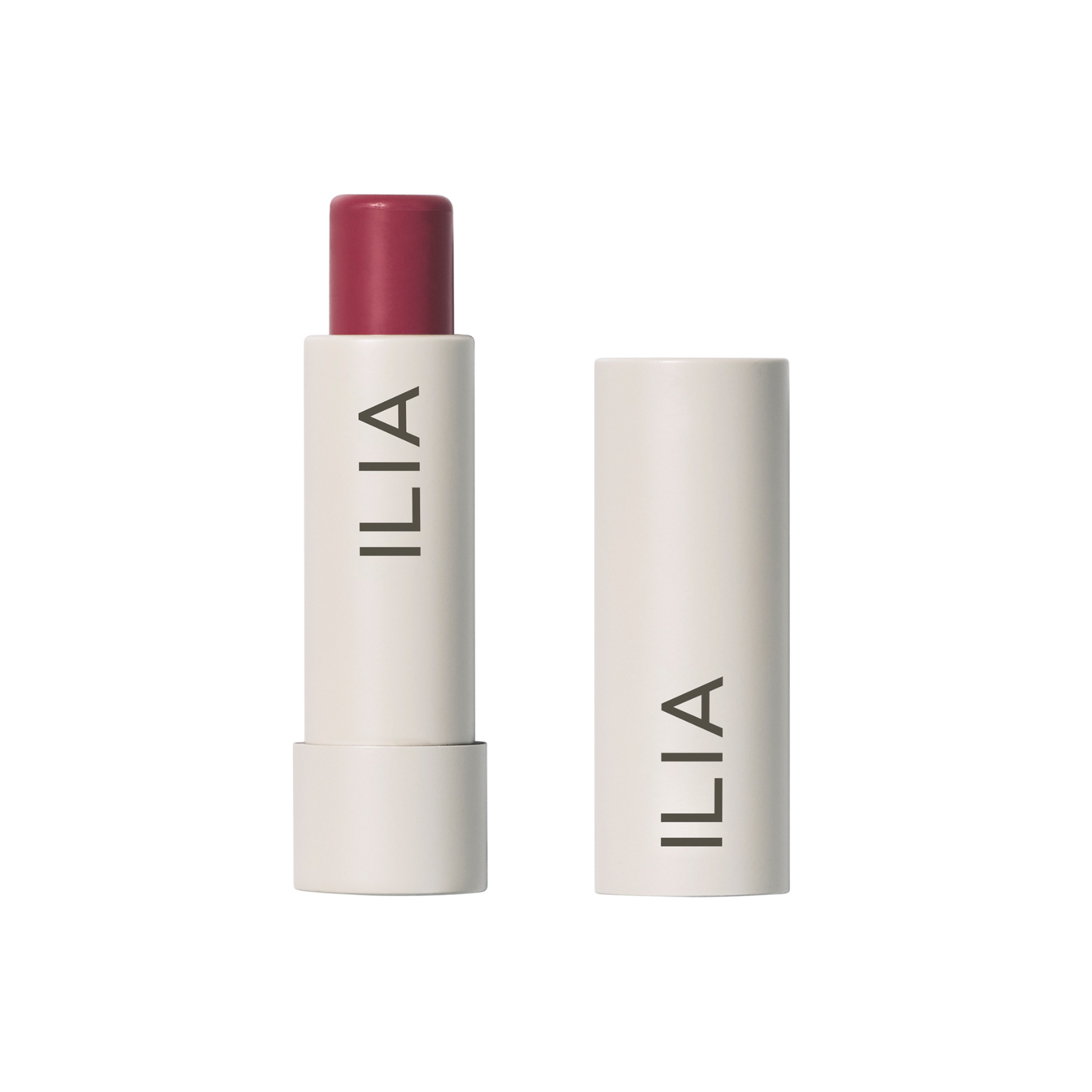 ILIA Balmy Tint Hydrating Lip Balm in einer weißen Tube mit beigem Deckel auf weißem Hintergrund, Lippenpflege