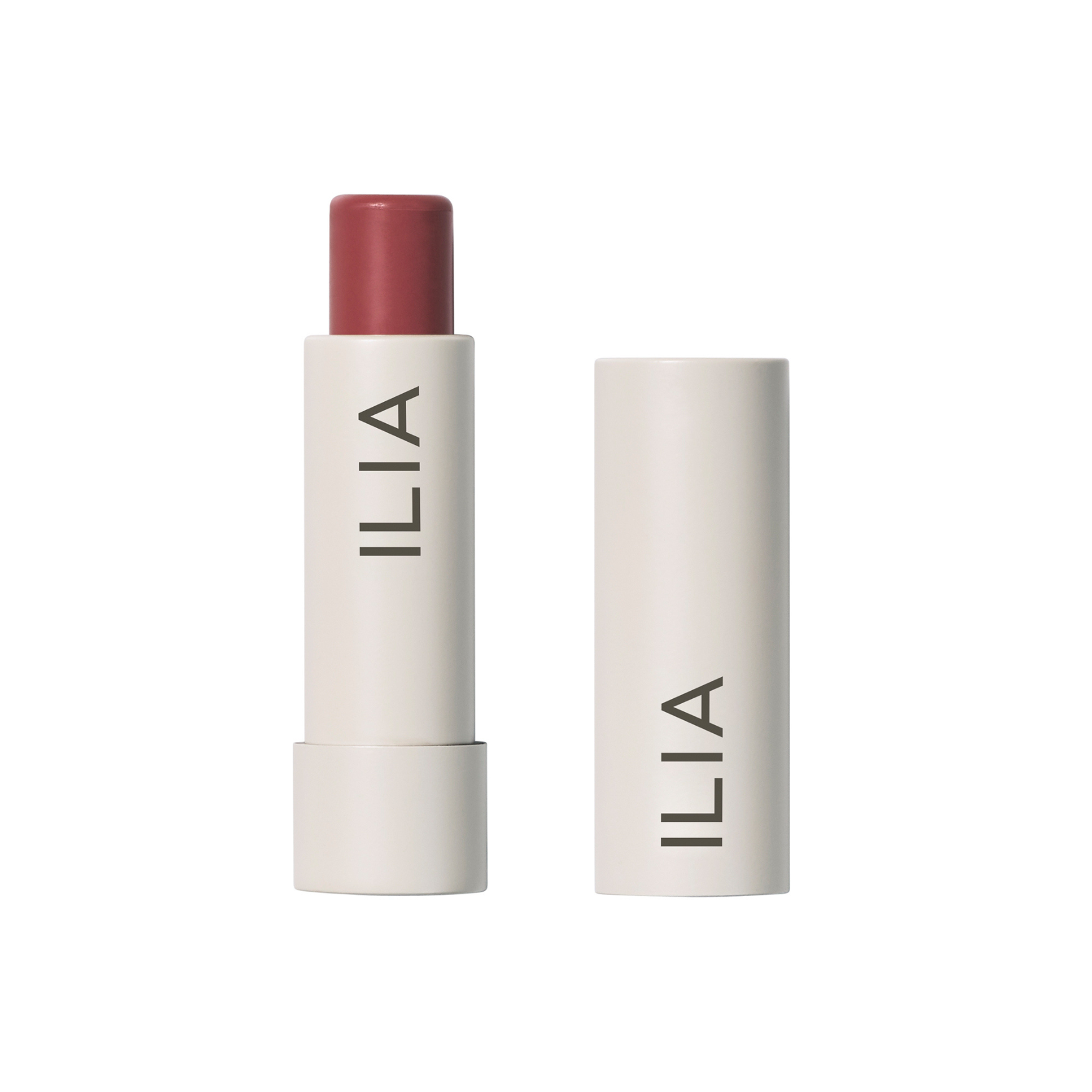 ILIA Balmy Tint Hydrating Lip Balm in weißer Tube mit rotem Lippenstift auf weißem Hintergrund, Lippenpflege