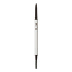 In Full Mikro-tip Brow Pencil von ILIA: weißer Stift mit schwarzer Spitze und Bürste vor weißem Hintergrund, Augenbrauenstift