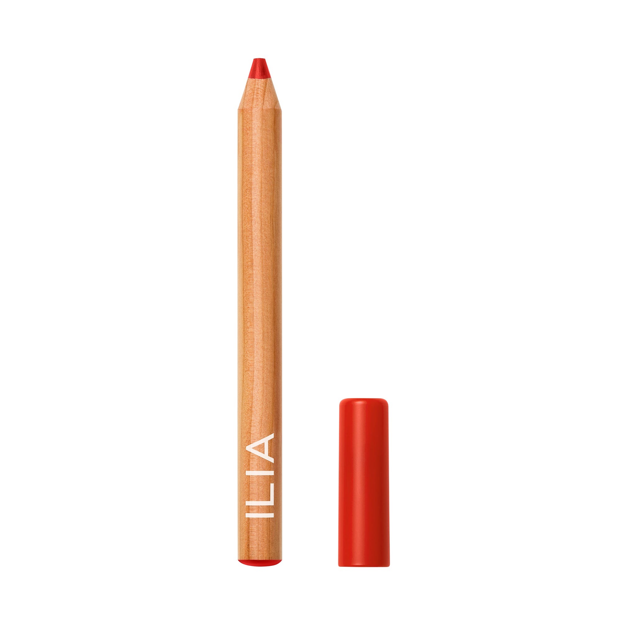 ILIA Lip Sketch Hydrating Crayon, wood-colored pencil with red cap on white background, lip care