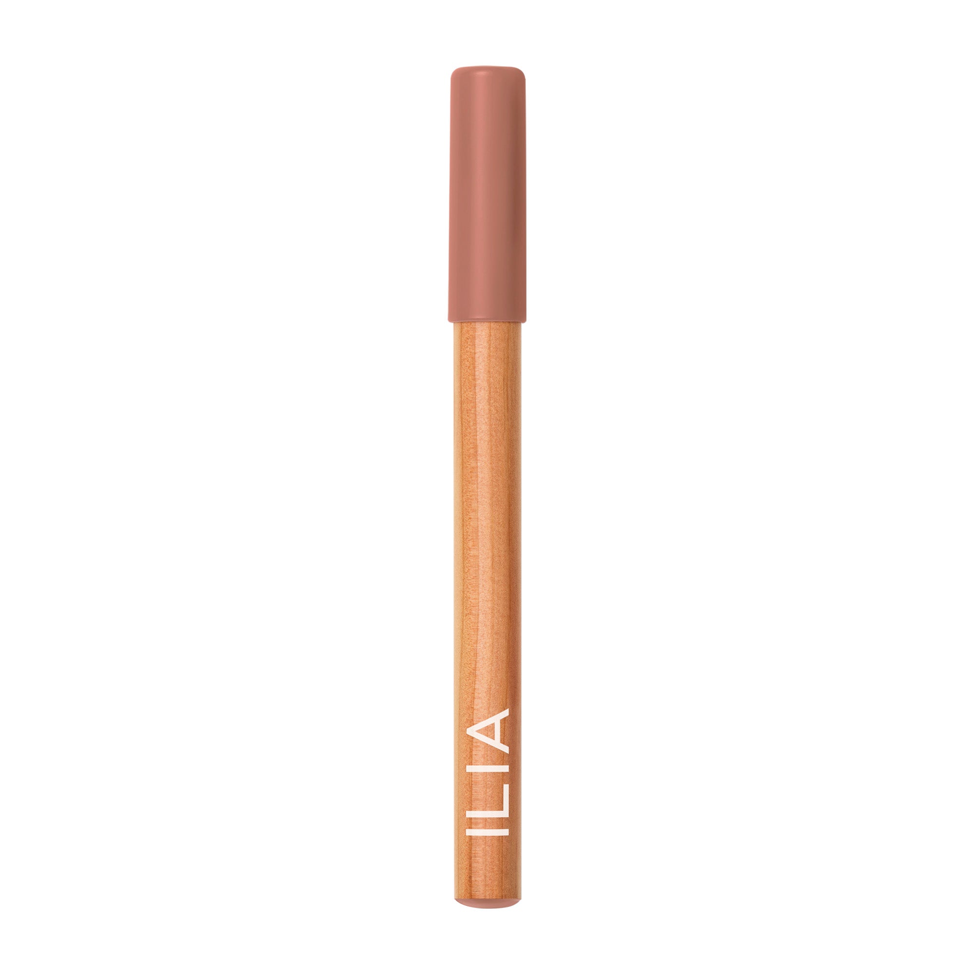 ILIA Lip Sketch Hydrating Crayon light brown pencil with matching cap on white background, lip care