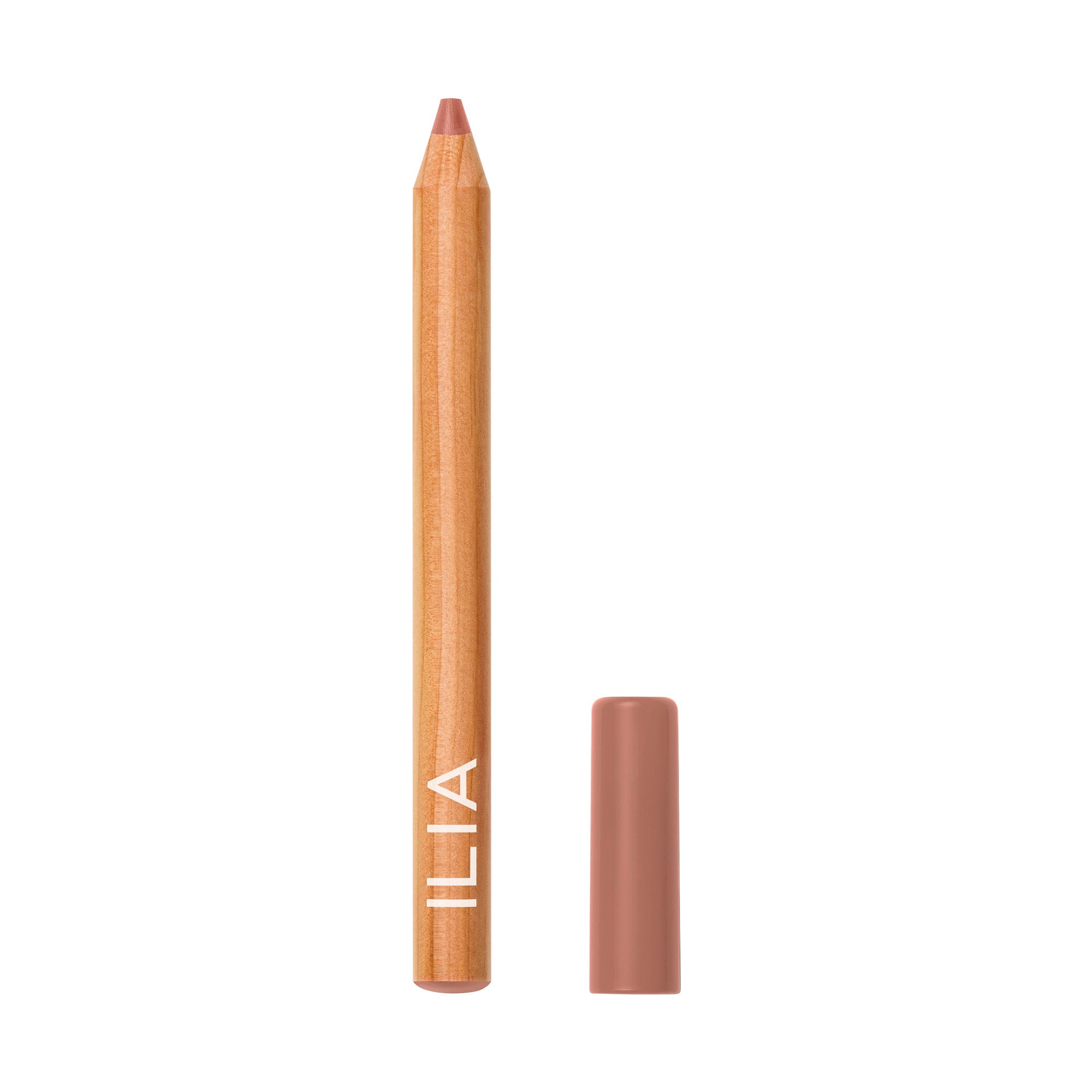 ILIA Lip Sketch Hydrating Crayon, holzfarbener Stift mit braunem Deckel auf weißem Hintergrund, Lippenpflege