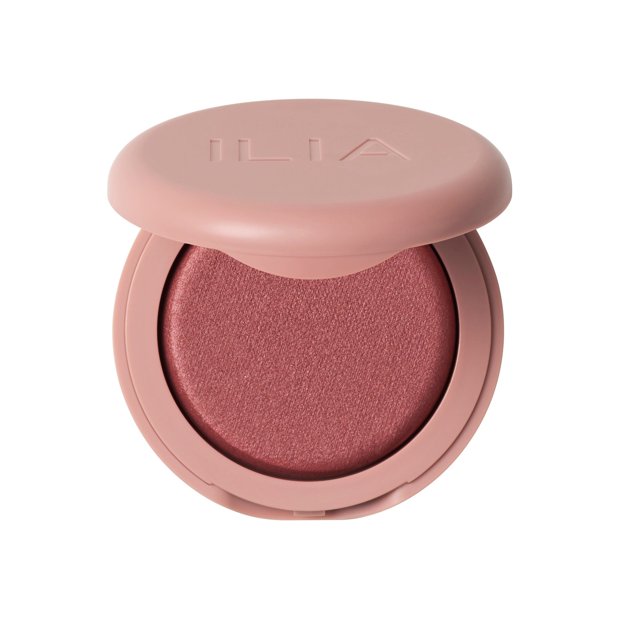 ILIA Soft Focus Blurring Blush in a pink compact jar on a white background, makeup
