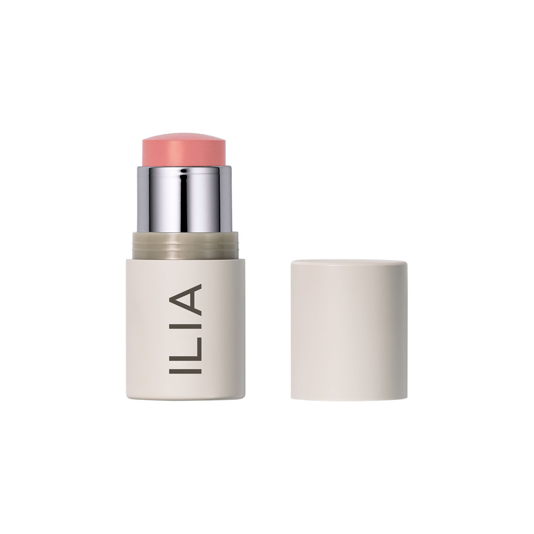 ILIA Multi-stick in a beige tube with a silver collar on a white background, makeup