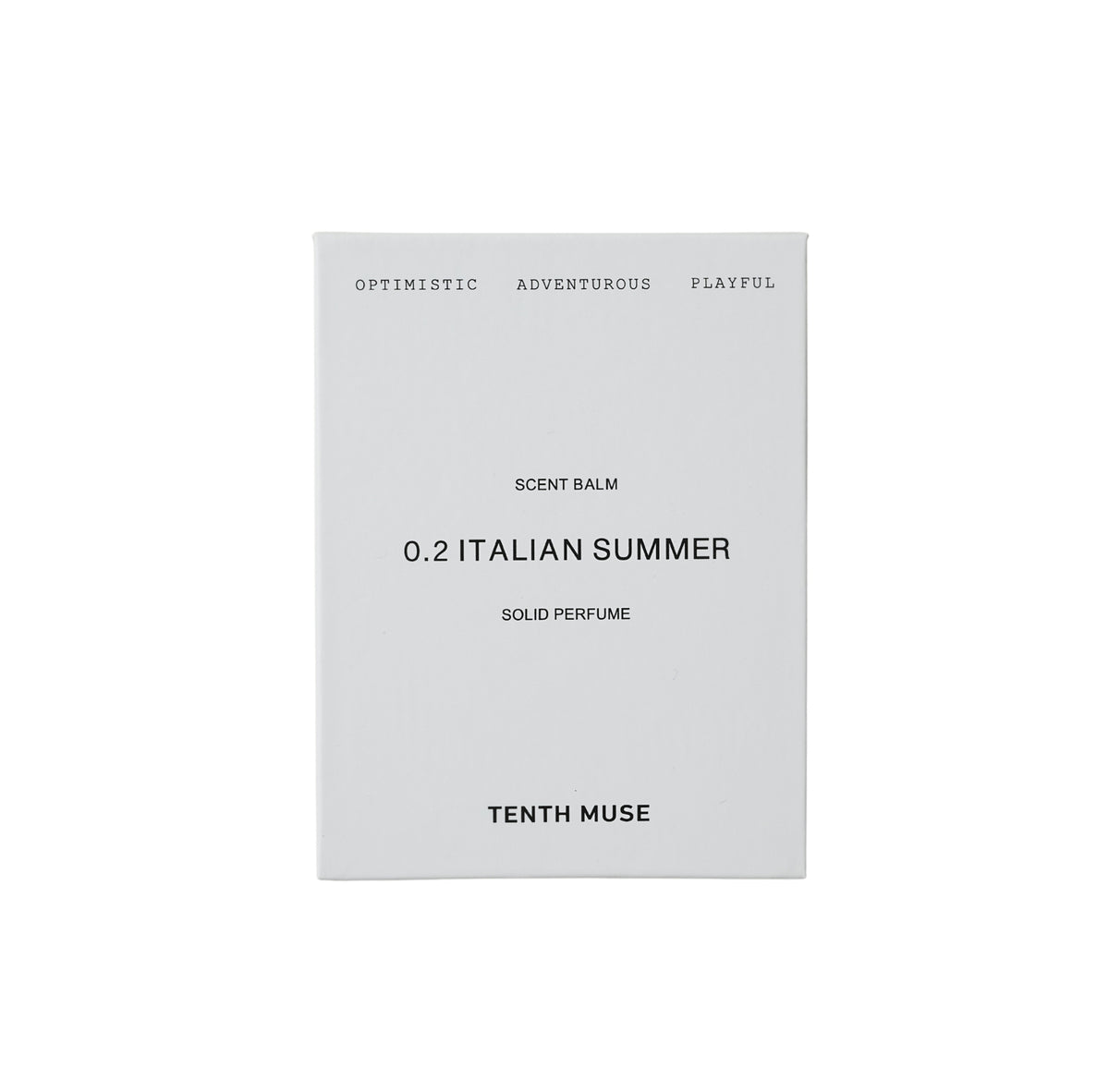 Tenth Muse 0.2 Italian Summer Solid Perfume, white square cardboard packaging against a white background.