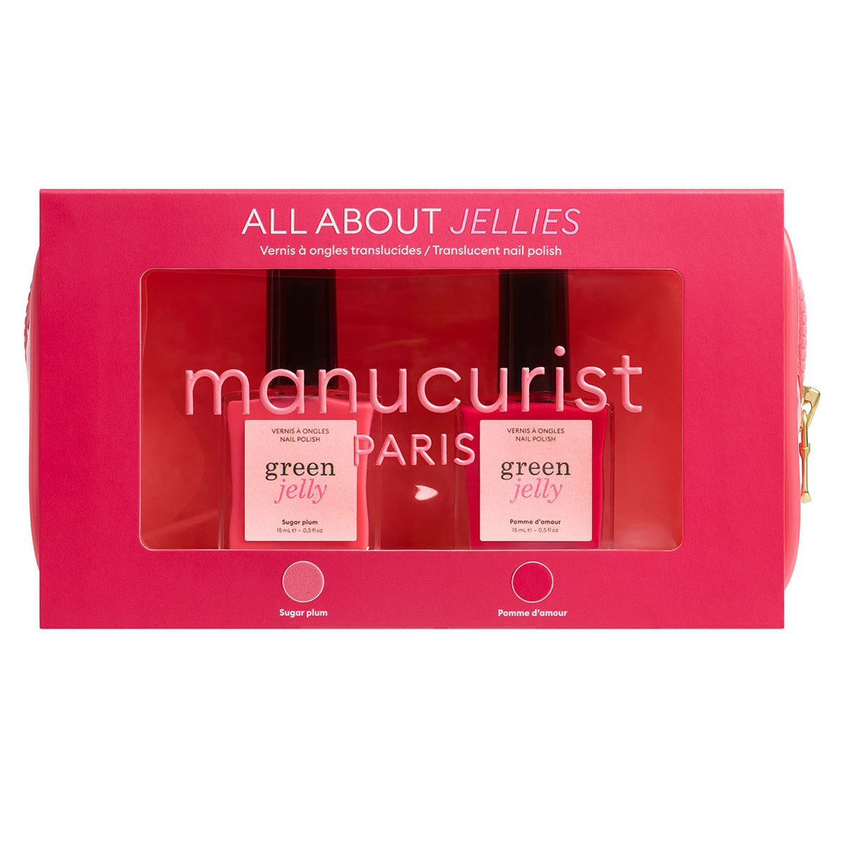 Manucurist All About Jellies Kit featuring two pink nail polish bottles in a pink box, nail care.