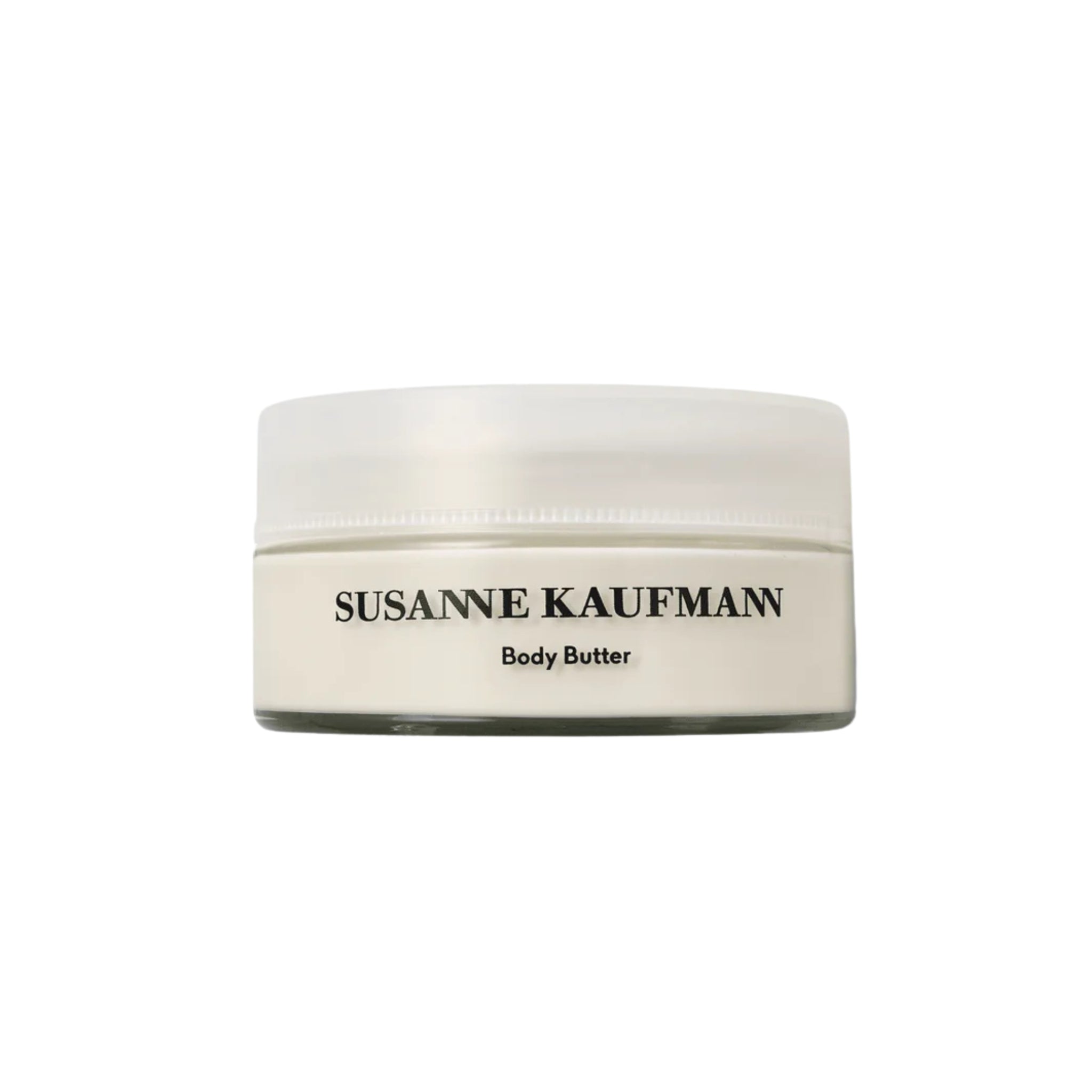 Susanne Kaufman Body Butter im Tiegel mit weißem Deckel auf weißem Hintergrund, Hautpflege.