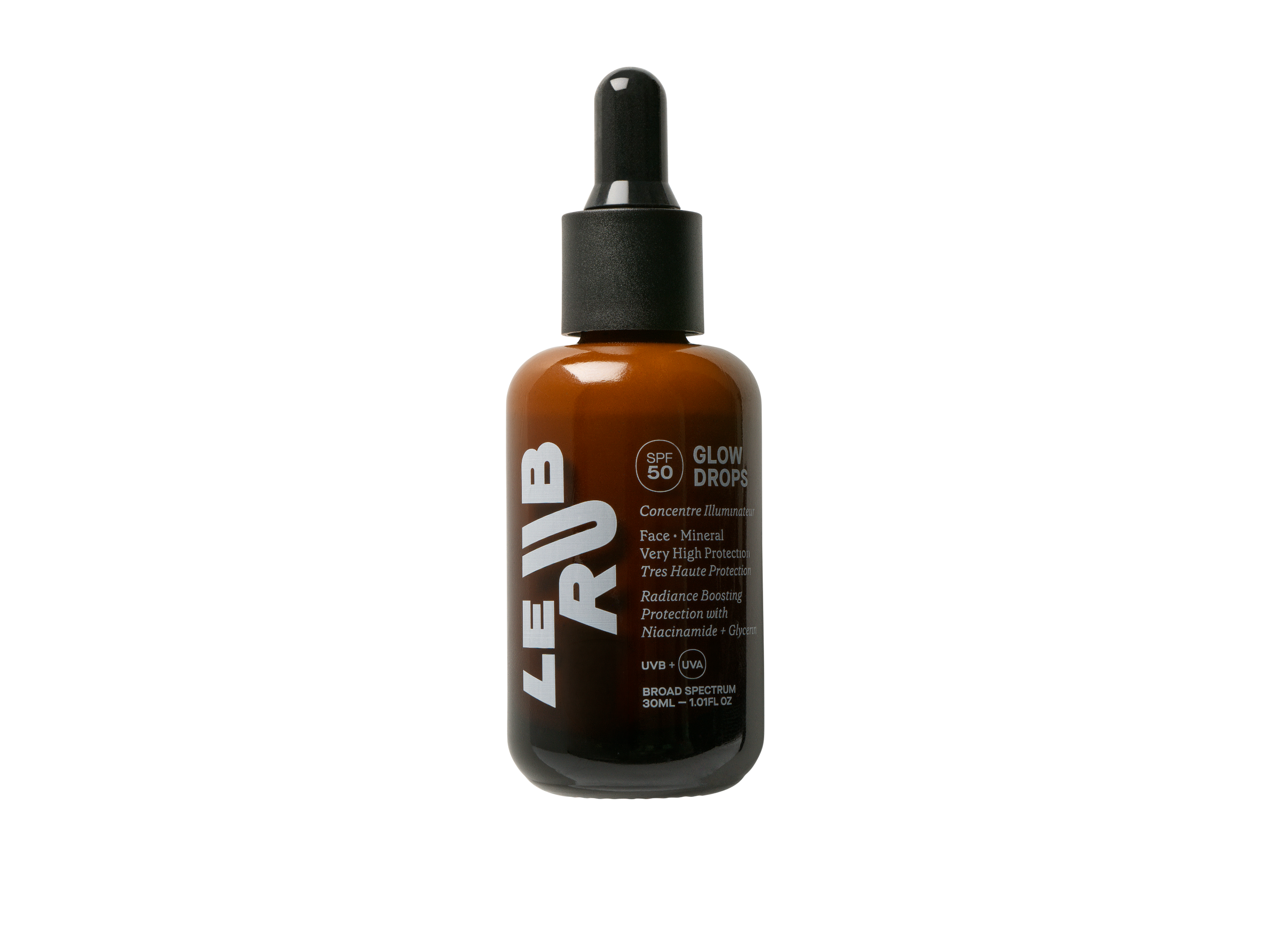 LE RUB Glow Drops SPF 50 in a brown dropper bottle, on a white background for skin care.