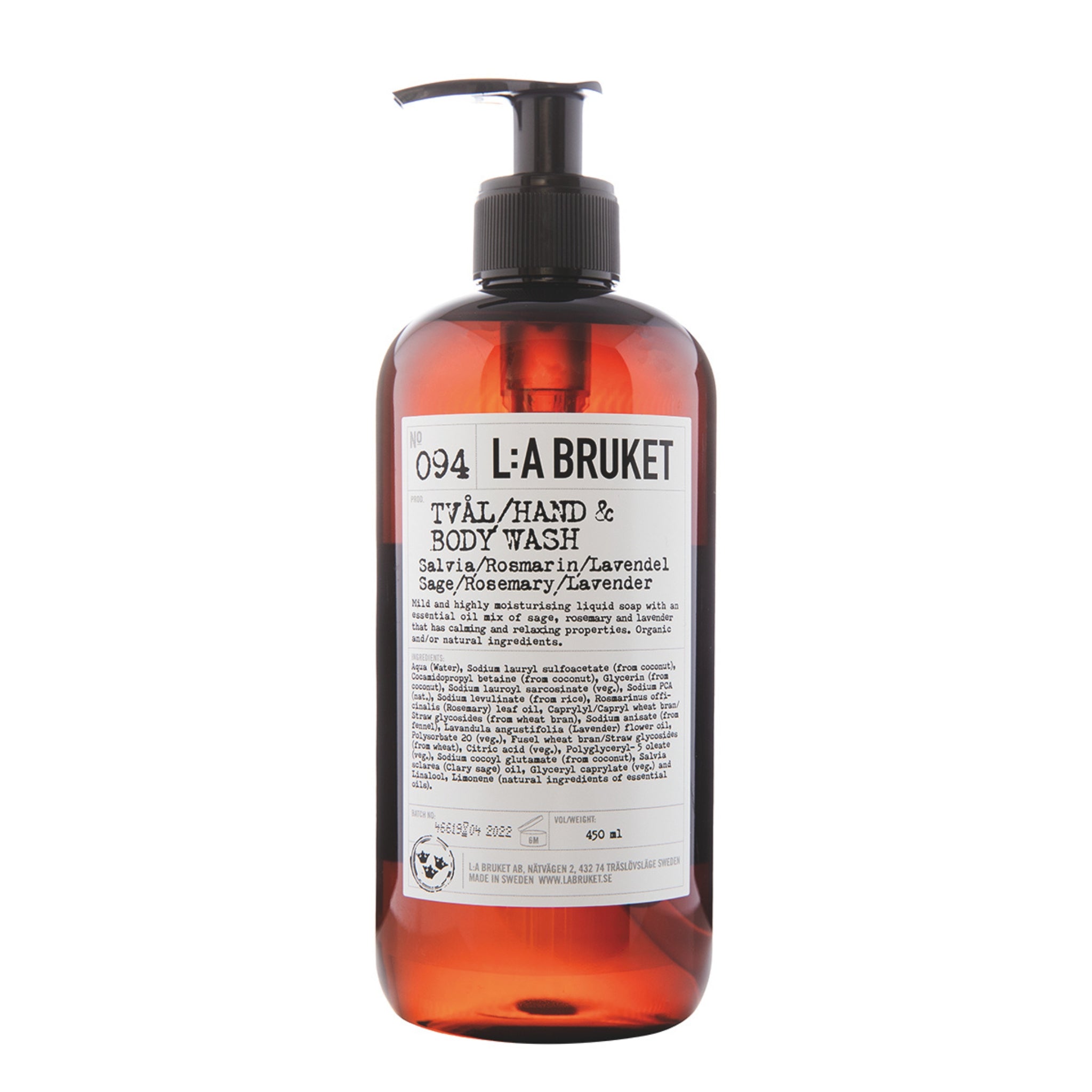 L:A Bruket No. 094 Hand- und Körperwaschlotion in einer braunen 450ml Pumpflasche vor weißem Hintergrund, Körperpflege