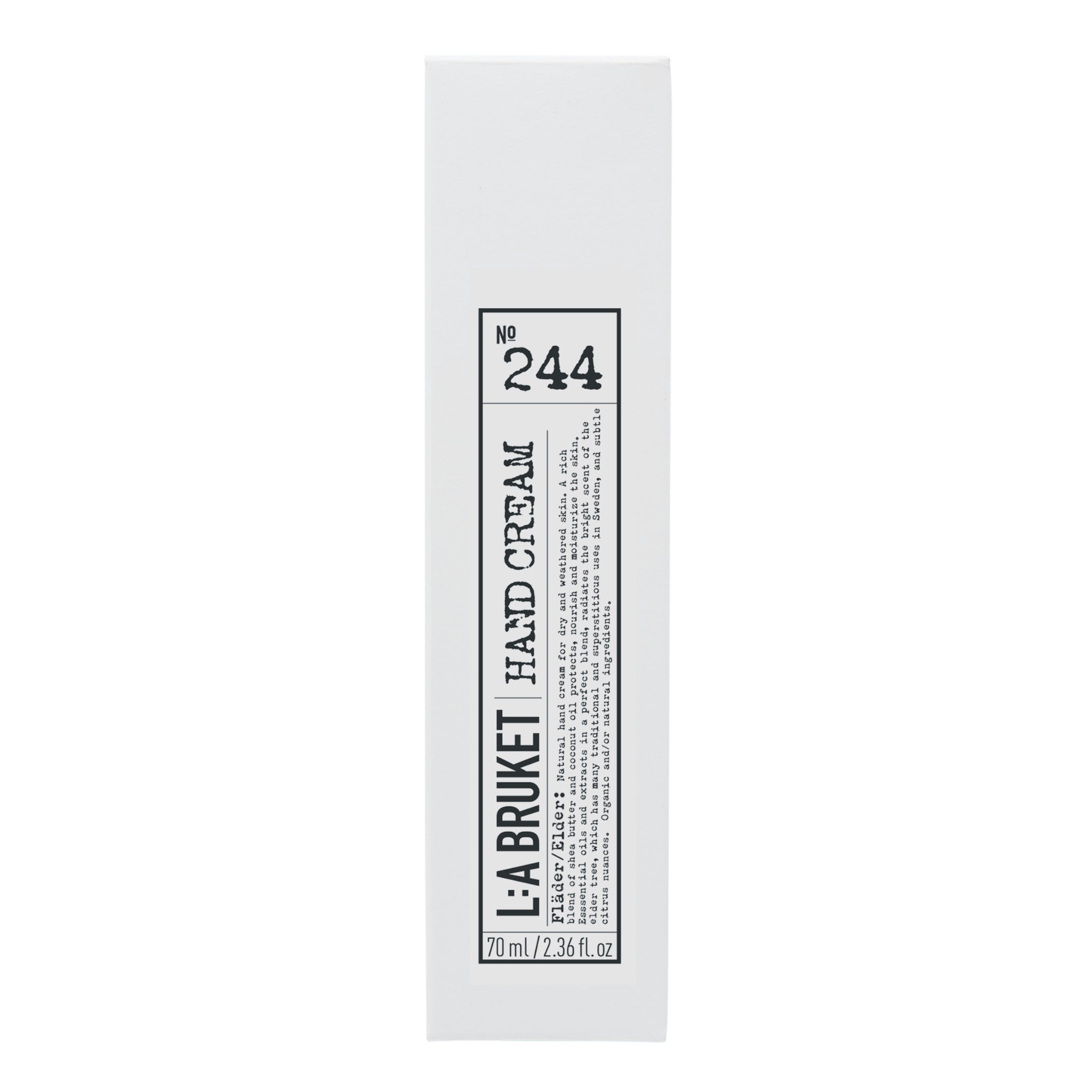L:A Bruket No. 244 Handcreme in weißer Tube mit schwarzem Verschluss vor weißem Hintergrund, 70 ml, Hautpflege.