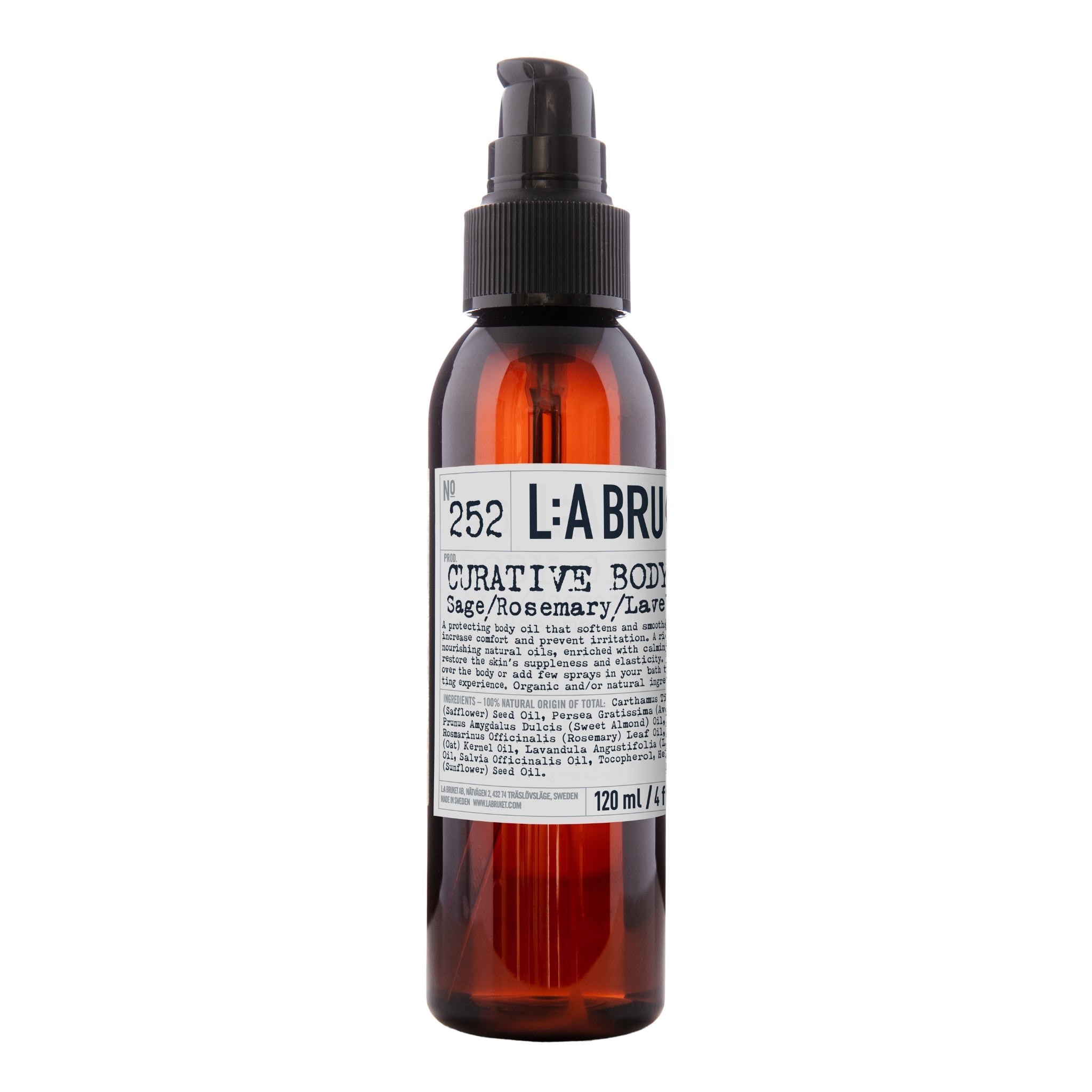L:A Bruket No. 252 Curative Body Oil, braune 120ml Flasche mit schwarzer Pumpe auf weißem Grund, Körperpflege
