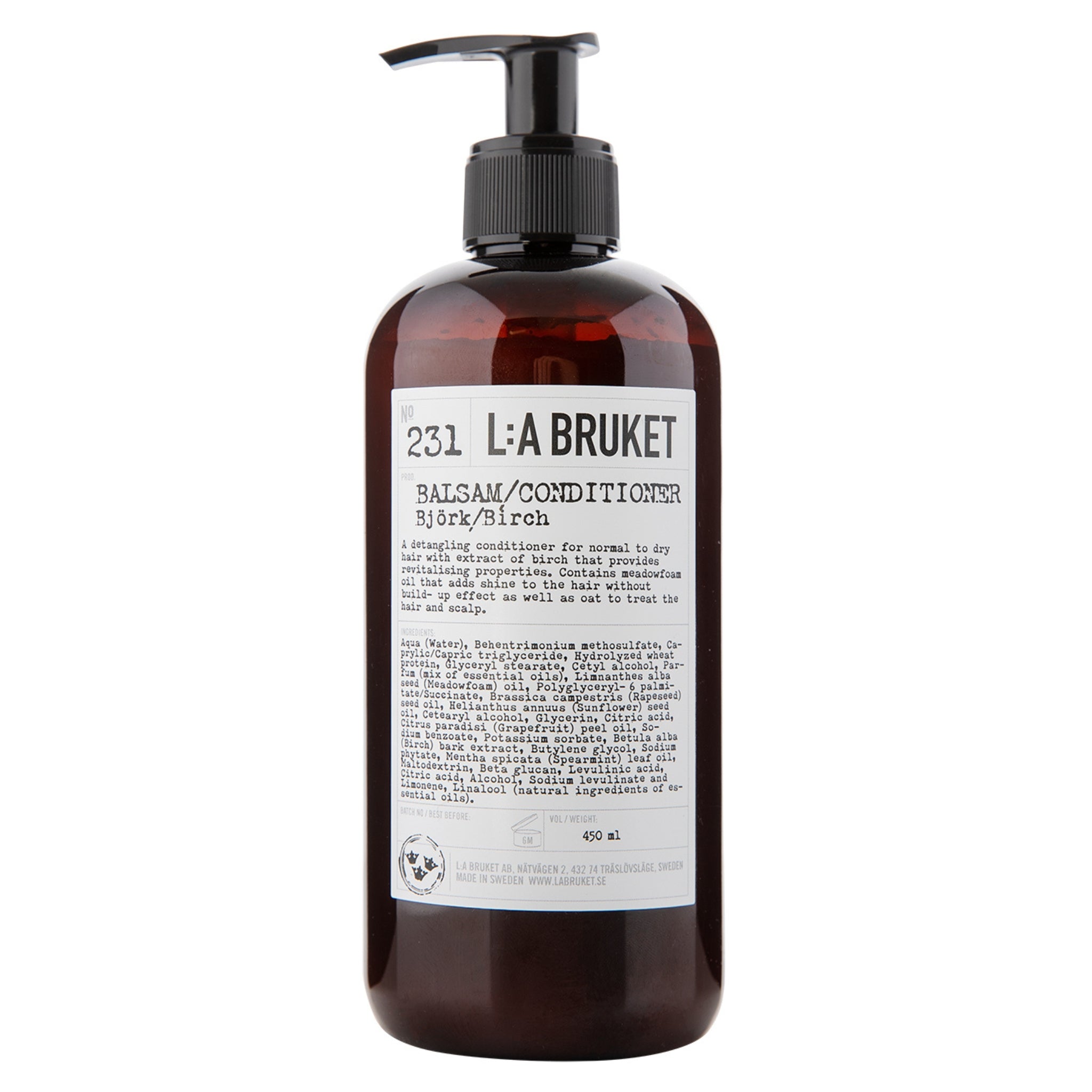 L:A Bruket No. 231 Conditioner Birke, braune 450ml Flasche mit schwarzem Pumpspender auf weißem Grund, Haarpflege