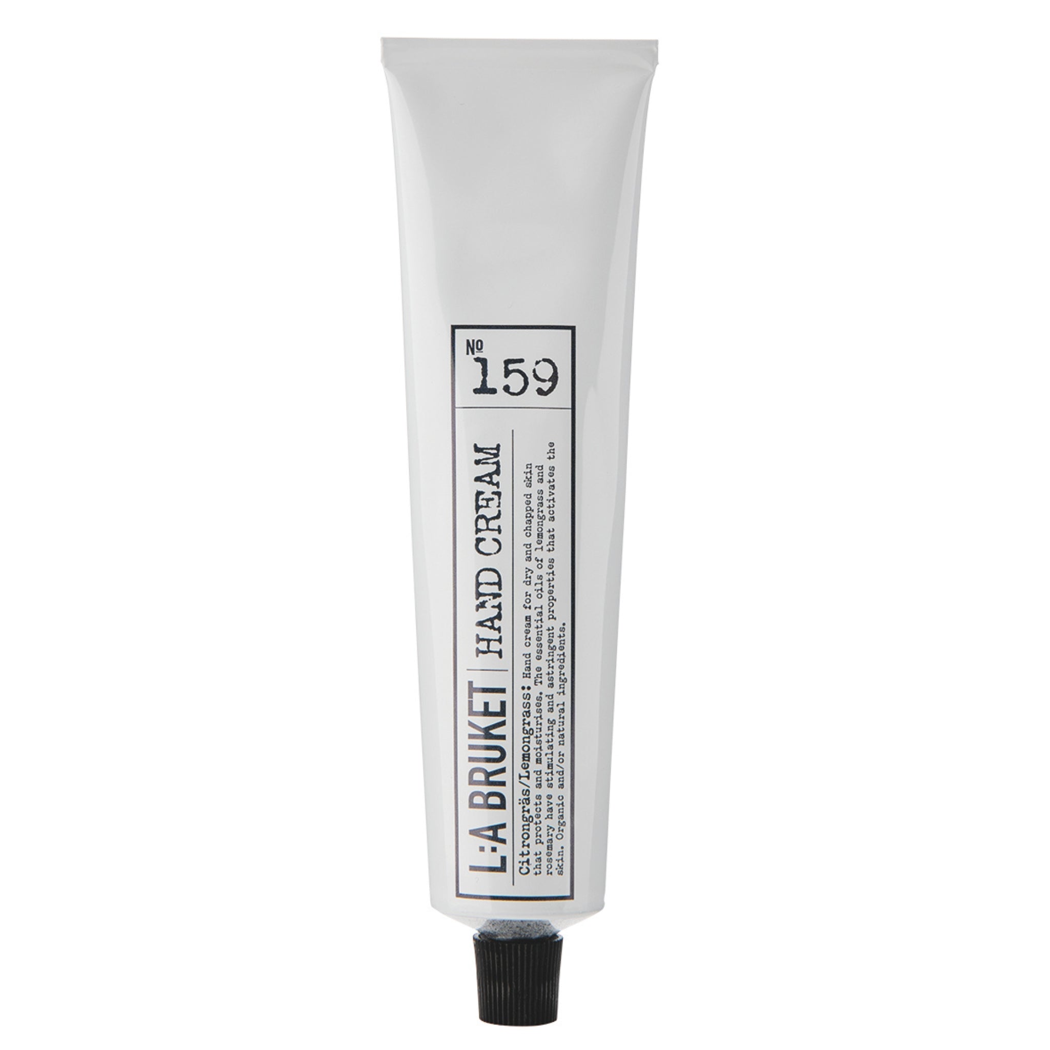 L:A Bruket No. 159 Handcréme Citrongräs in weißer Tube mit schwarzem Schraubverschluss auf weißem Grund, Hautpflege