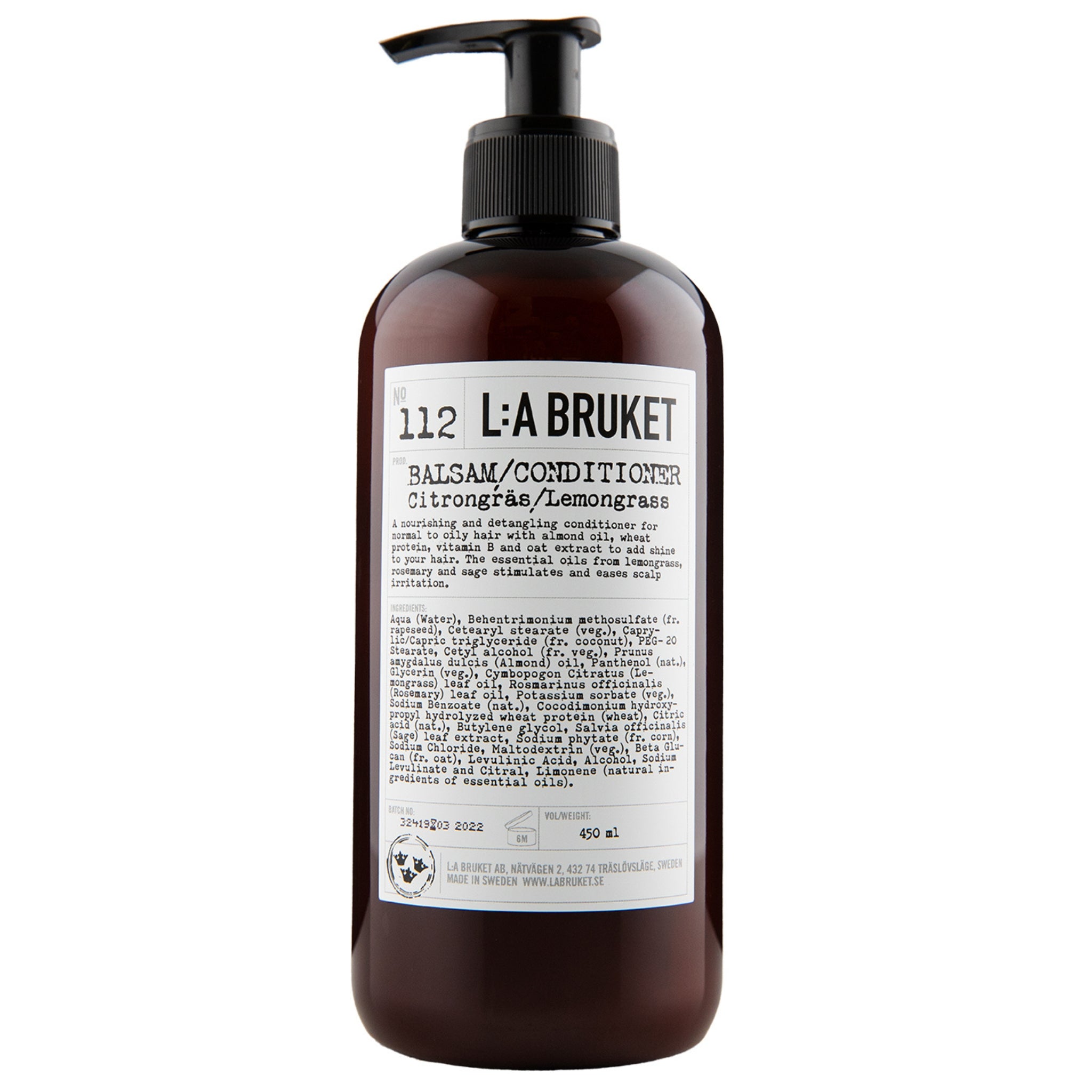 L:A Bruket No. 112 Conditioner Lemongrass, brown 450ml bottle with black pump on white background, hair care