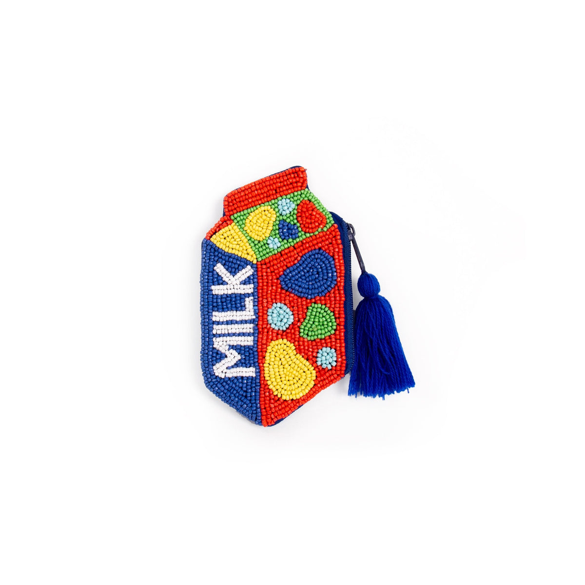Small Carton of Milk Clutch, eine perlenbestickte kleine Tasche in Form eines Milchkartons mit blauem Quastenanhänger.