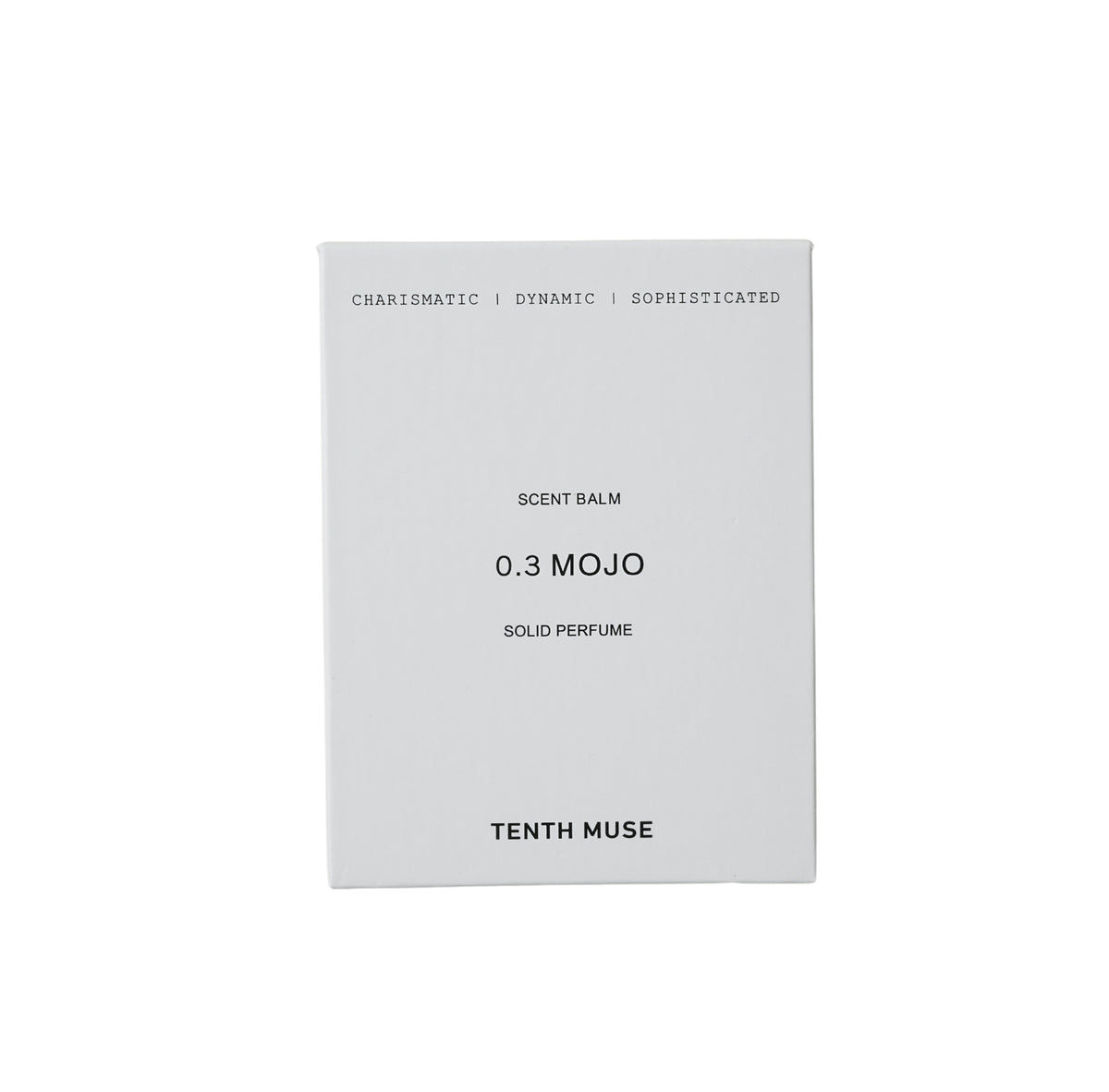 Tenth Muse 0.3 Mojo Solid Perfume, white cardboard packaging against a white background.