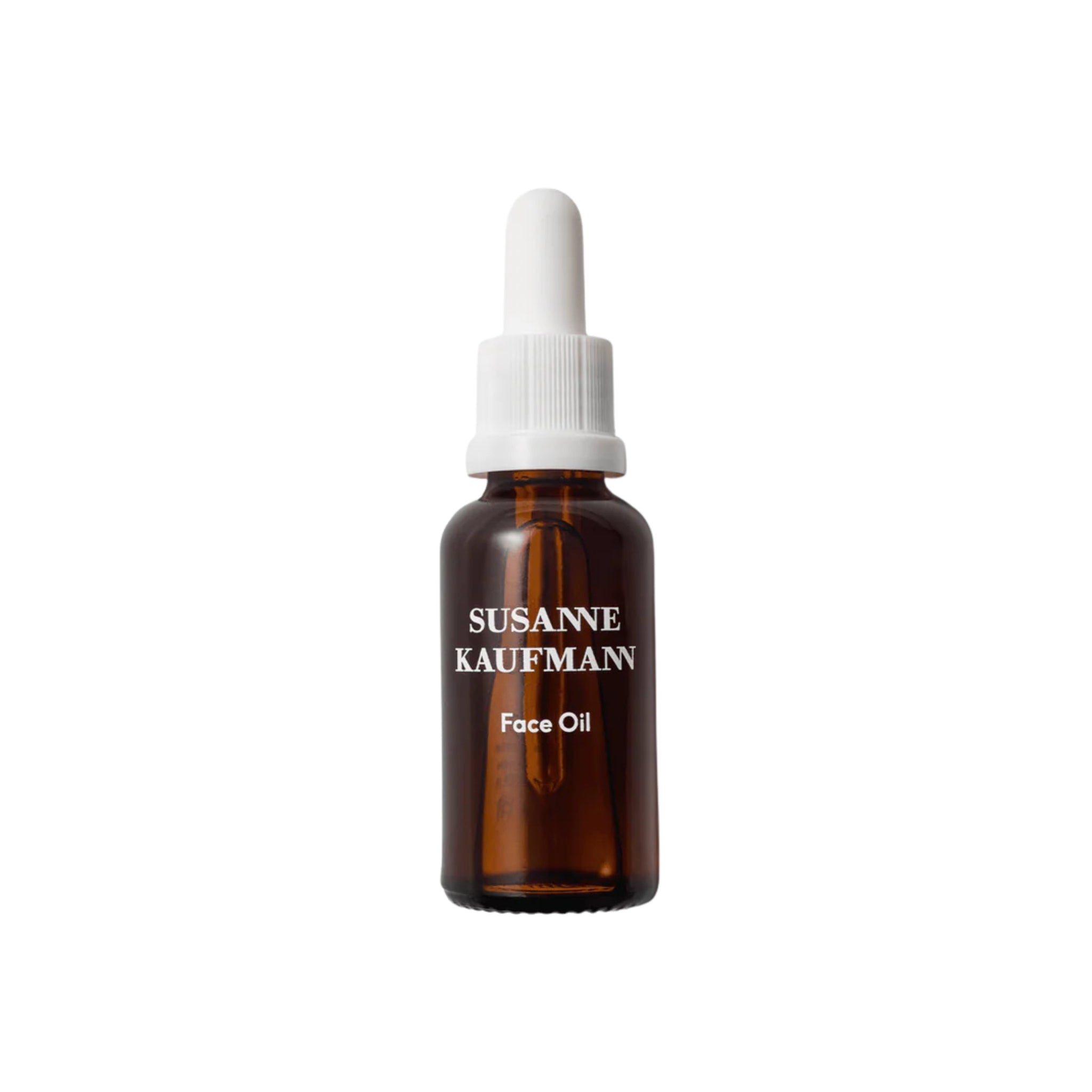 Susanne Kaufmann Face Oil in Glasflasche mit weißem Pipettenverschluss auf weißem Hintergrund, Hautpflege